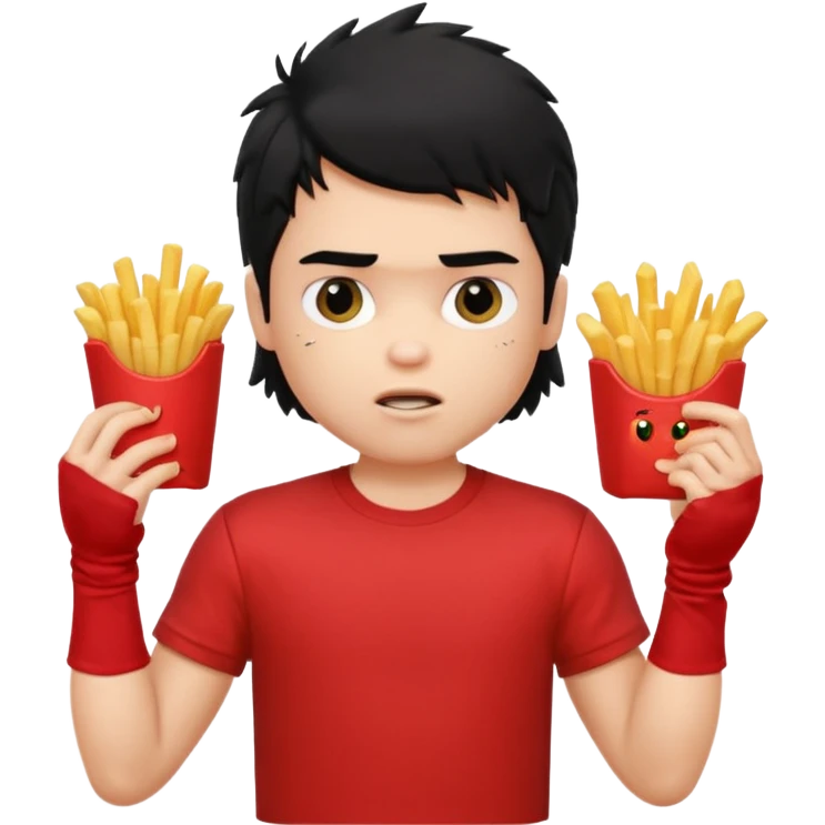 generate a pretty fair bratz boy with a messy mullet (black hair), wearing a red tshirt. eating fries, big biceps emoji