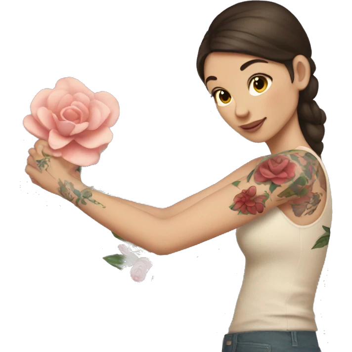 A brunette white girl with flower tattoos on her arms  emoji