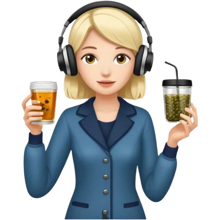 a young woman full length walks with headphones on with a caviar toast in one hand and herbal tea in the other hand emoji