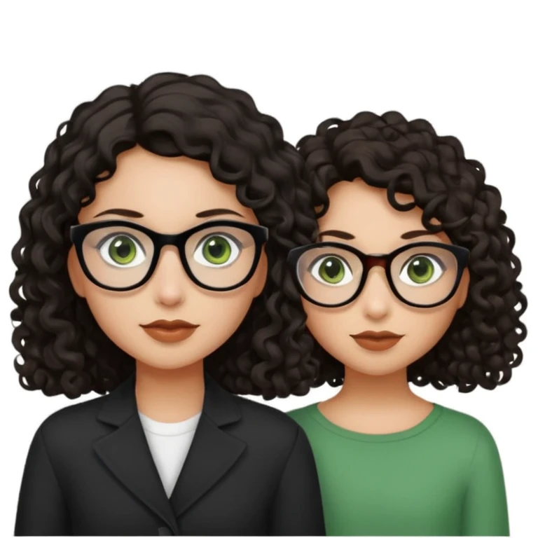 One girl with long dark brown hair, black glasses, green eyes, and neutral skin tone. Another girl with black curly shoulder length hair, hazel eyes, neutral skin tone  emoji