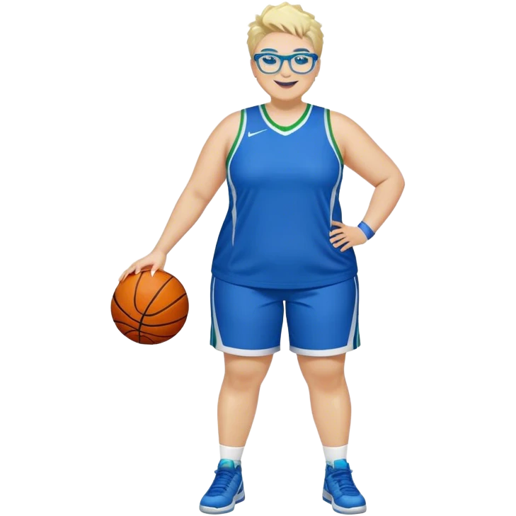 Full Body plus size white female with short spike hair wearing blue glasses basketball player wearing blue green uniform smiling emoji