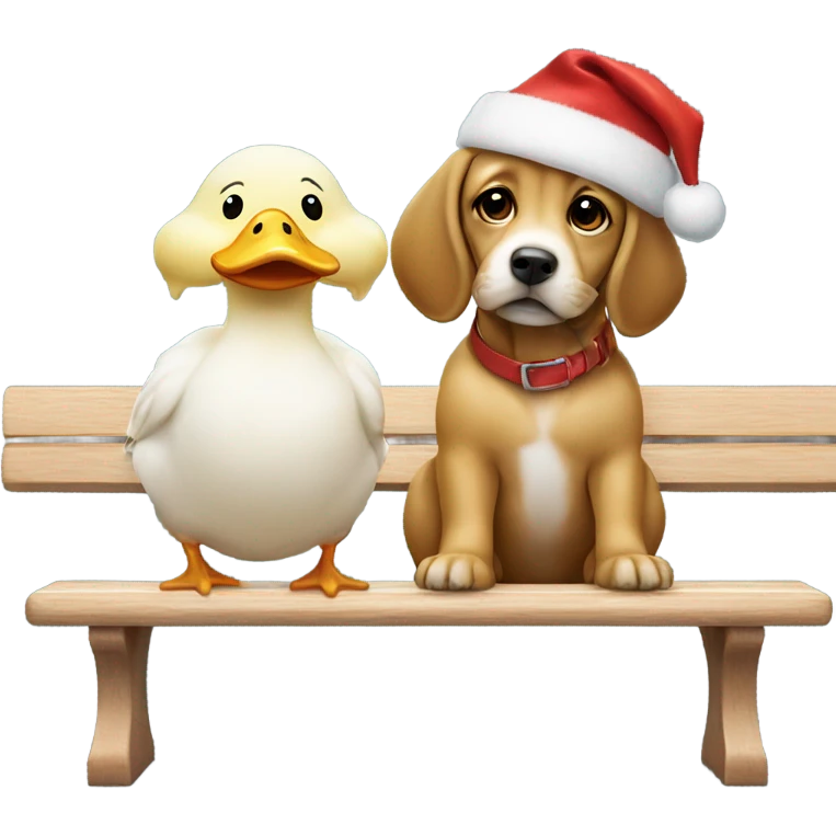 dog and baby duck sitting next to each other on a bench with christmas hats emoji