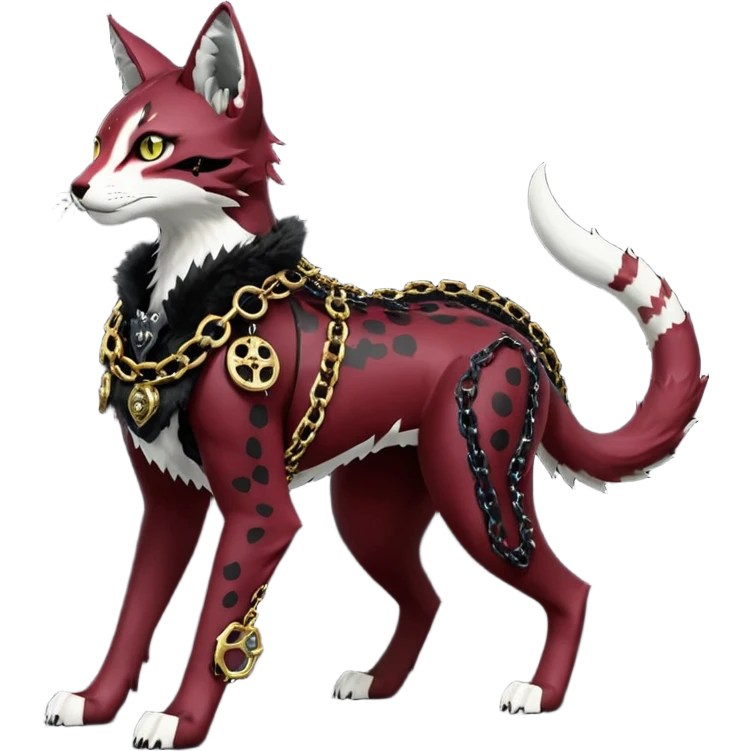 Epic complex knightly divine glorious futuristic detailed dark dusky gloomy deep gothic sanguine-blood-maroon-black-white, realistic Fakémon-Sprigatito-Floragato-Meowscarada-Trico-Sergal-Serval-Vernid-creature (full body) with metal gears and metal collar with gold chains emoji