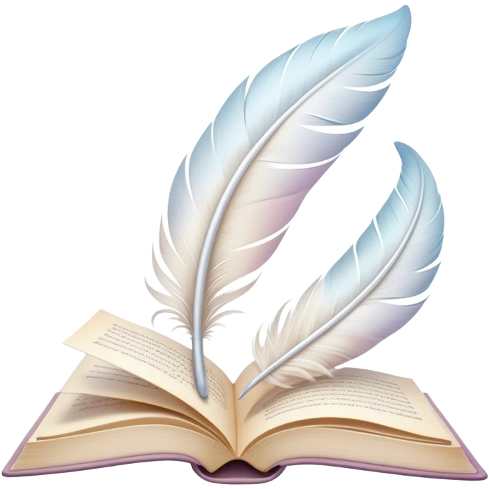 Create a delicate and poetic emoji representing poetry. The design should feature several elegantly flying pages with short poetic columns written on them. The pages should appear light and flowing, almost as if being carried by the wind. Include a white feather gently resting on the pages, symbolizing creativity and inspiration. Use soft, pastel tones to give it a dreamy, artistic feel. The design should feel ethereal and whimsical, capturing the essence of poetry. Make the background transparent. emoji