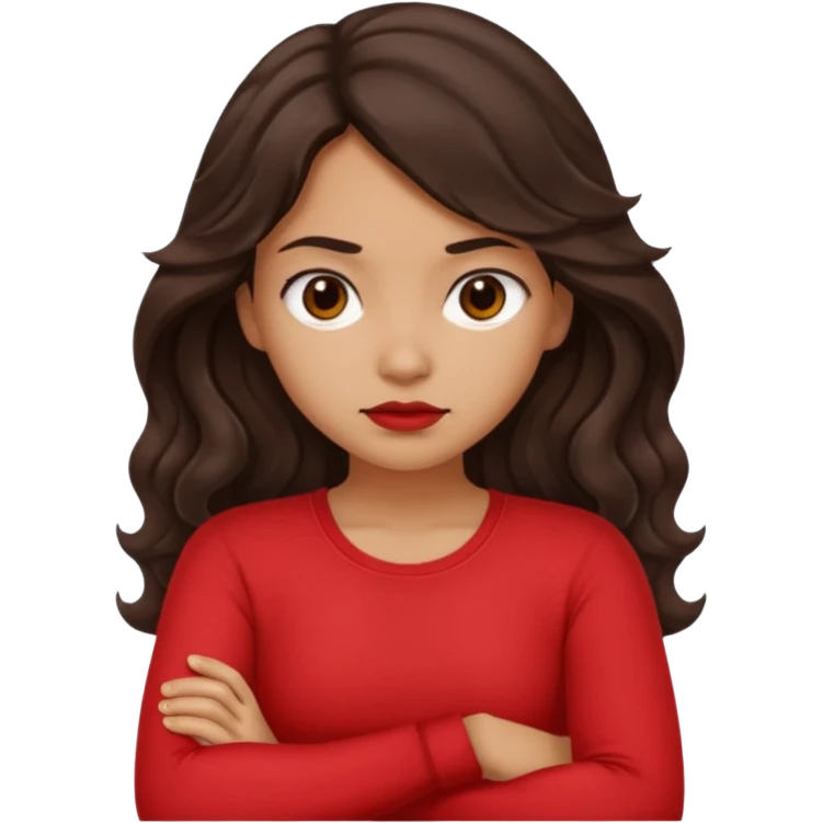 Tan girl dark long wavy hair crossing her arms with slight pout emoji