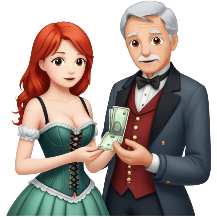 Kind elderly grandfather with gray hair giving money to a, pretty, corset, modern, red head young woman who needs financial help,  emoji