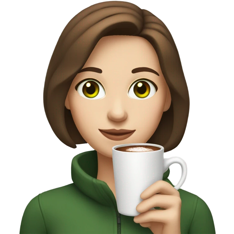 white girl with brown short hair with green eyes, holding hot chocolate emoji