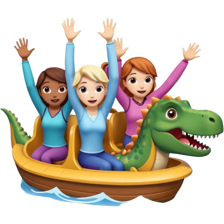 4 chicas montadas en una atraccion de levantando la mano con orejas de dines puestas en una atracción, la barca que sea como la de frozan emoji