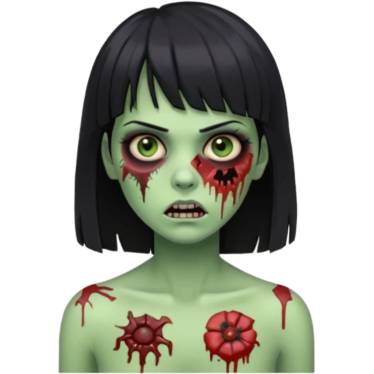 Um zumbi feminino, com cabelo preto e franja, machucados pelo rosto e torso, fundo escuro destacando o rosto com sombras pele verde emoji