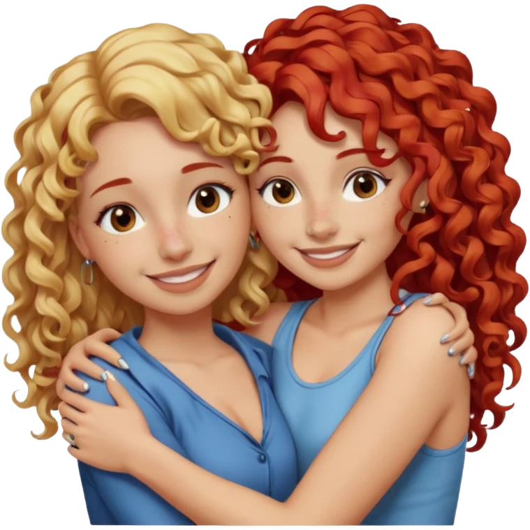 A woman with pencil straight, blonde hair and a nose piercing and a woman with curly red hair and a nose piercing are hugging and smiling together. emoji