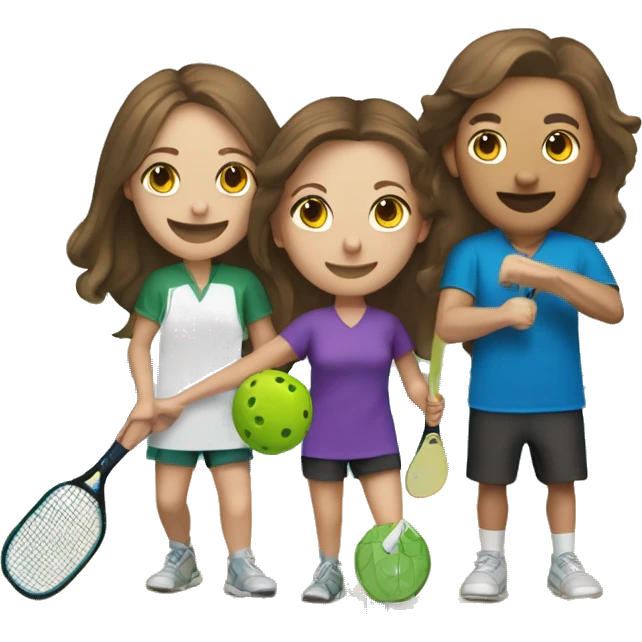 4 Caucasian people playing pickleball with 1 tall bald male, 1 shorter brown hair male, 1 girl with long brown hair, 1 girl  with brown hair emoji