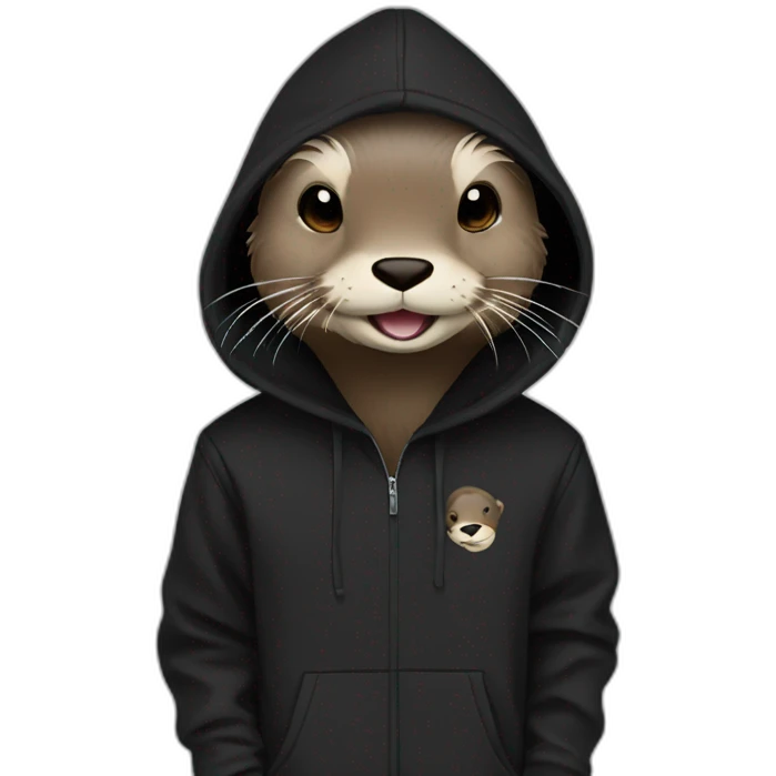 otter in black adidas hoodie with a wide smile emoji