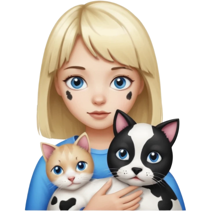 Cute cat black and white stain like a cow in the arms of a blond girl with bangs and blue eyes emoji