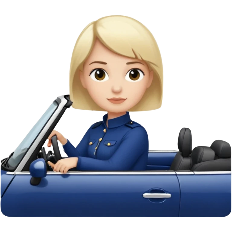 navy blue convertible Mini Cooper, with short, blonde colored haired woman driving - update woman to fair skinned emoji