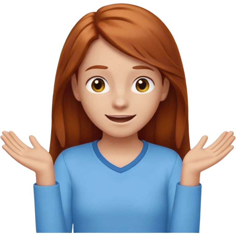 shrugging happy emoji tween long auburn hair light blue shirt with a darker blue L emoji