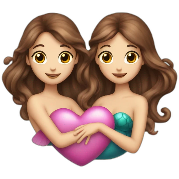Two brown haired mermaids with their tails making a heart emoji