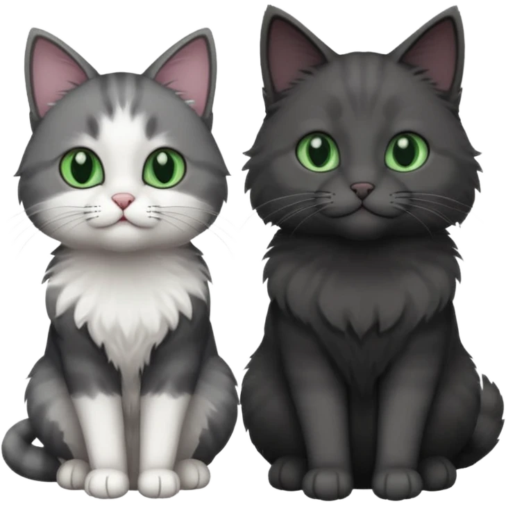 one dark grey and white cat and one completely solid dark grey cat with green eyes and only white paws emoji