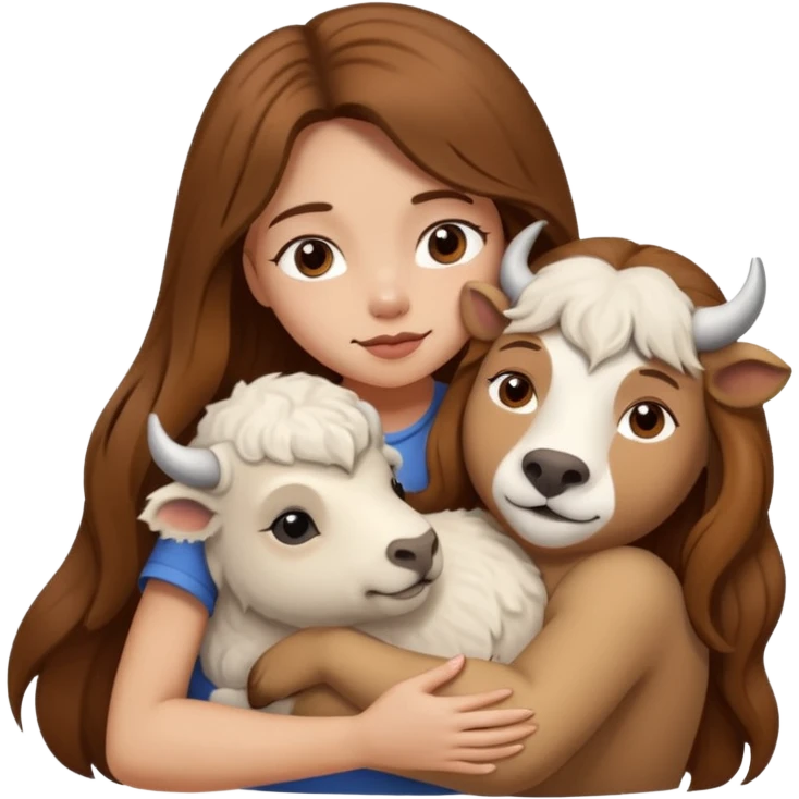 White bison dog in hug with girl with brown long hair and heart between them emoji