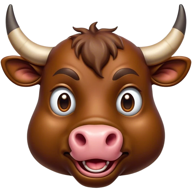 Cinematic Comical Brown Bull Portrait Emoji, Head tilted dramatically with an exaggeratedly amused expression, featuring a striking, glossy brown hide with a bold natural sheen, wide, expressive dark eyes filled with playful disbelief, Simplified yet hilariously expressive features, highly detailed, glowing with a slightly sassy glow, high shine, dramatic yet playful, stylized with an air of cheeky mischief, bright and endearing, soft glowing outline, capturing the essence of a spirited and over-the-top bull, so meme-worthy it feels like it could charge its way into internet fame instantly! emoji