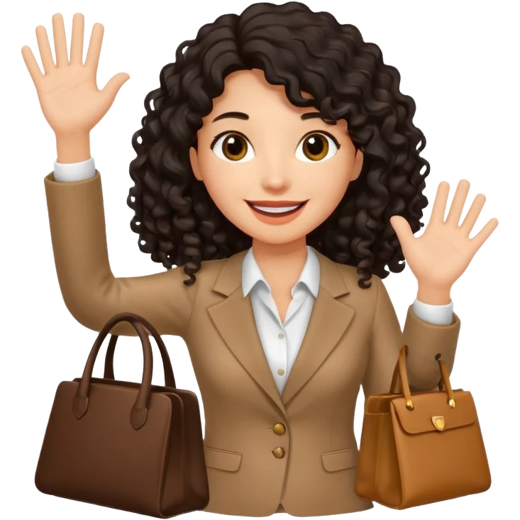 medium deep tan brown business woman with long black curly hair, waving hand with happy face with smile mouth and carrying bag on her shoulder emoji