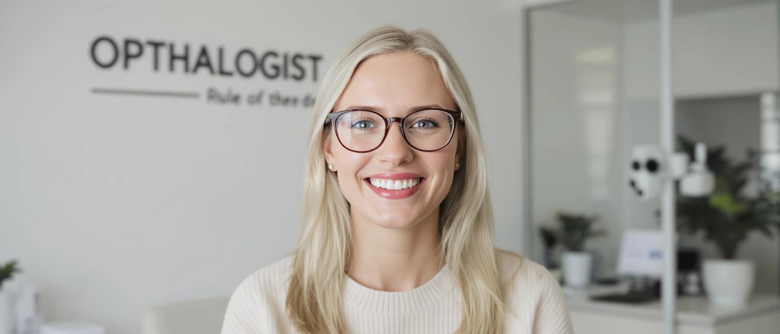 Cinematic still of a smiling european white woman with glasses smiling, minimalistic ophthalmologist interior in background, leading  lines, "rule of thirds" emoji