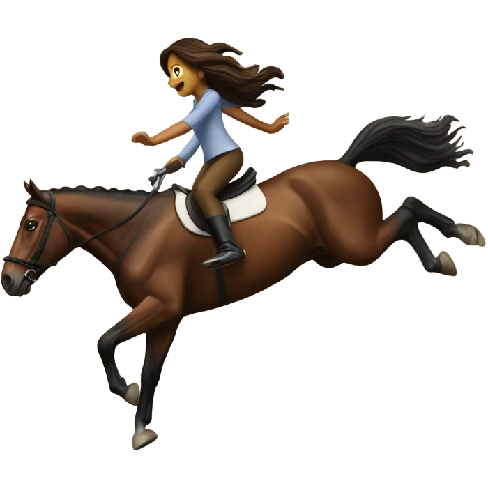 A brown horse jumping a jump with a girl riding it  emoji