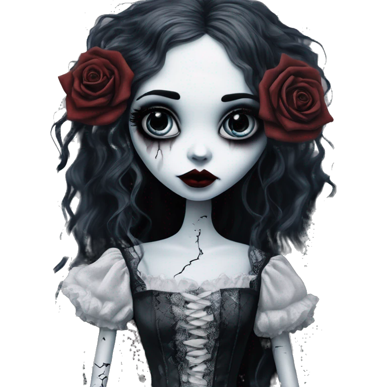 full height tim burton corpse bride, porcelain doll with a cracked face, goth makeup watery eyes, long hair, lace and ruffles, lolita style, inked, black and white, red roses emoji