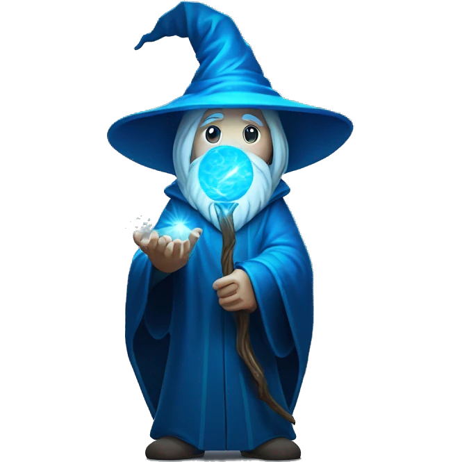 Wizard with staff emitting magical light, ball at the end glowing blue. Mysterious and impressive. emoji
