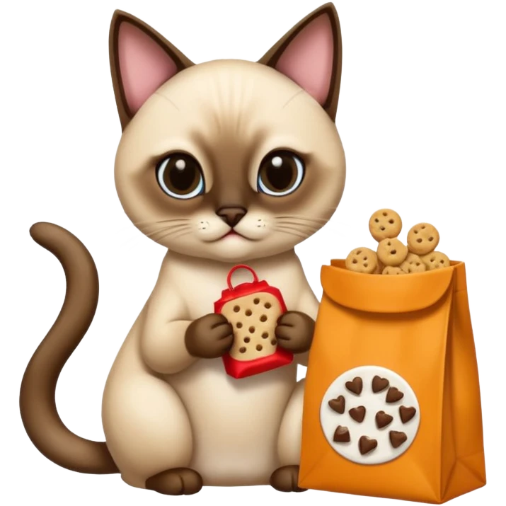 Un chat siamois qui mange des gâterie dans un sac de marque temptations  emoji