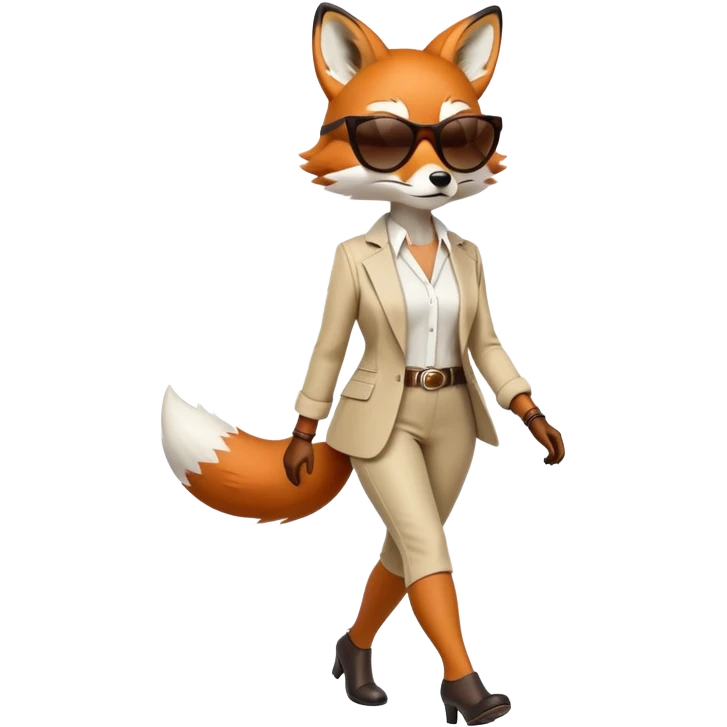 serious anthropomorphised female fox in stylish outfit with sunglasses, walking with confidence, full-body emoji