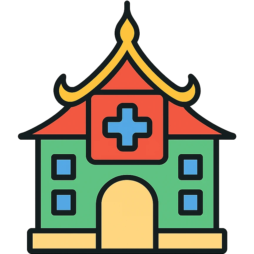 Hospital in Thailand with traditional Thai architectural elements and medical cross emoji