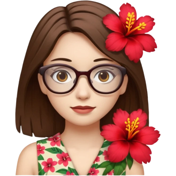 female with white skin. Shoulder length straight brown hair. Brown eyes with glasses. Hawaiian Flower in hair emoji