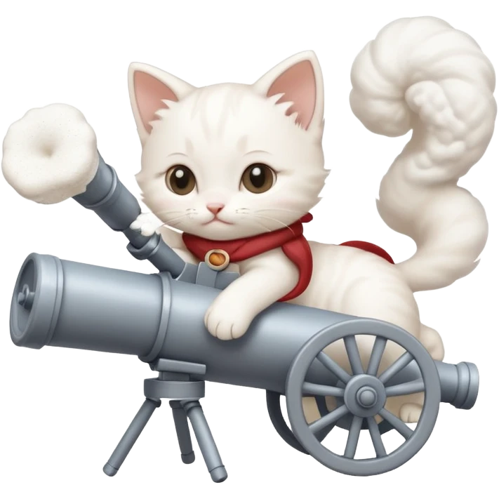 реалистичный белый котенок стреляющий из пороховой большой пушки тортиком emoji