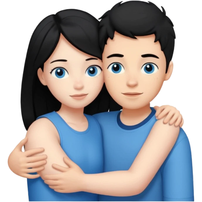 Ginger boy without facial hair hugging girl with black hair. Both have blue eyes.  emoji