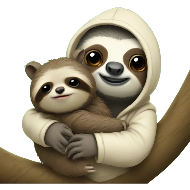 Sloth dressed in a hoodie in a tree holding a kitten emoji