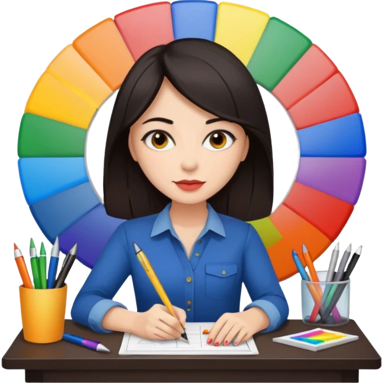 female dark hair graphic designer , color wheel, pens, papers , desktop emoji