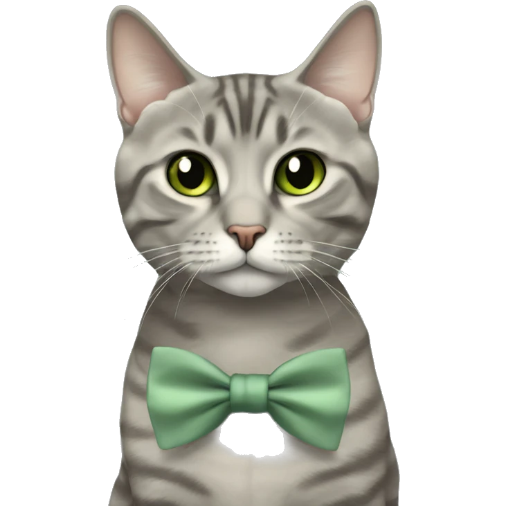 Aesthetic round-faced grey tabby British short hair full body cat with sage green bow tie emoji