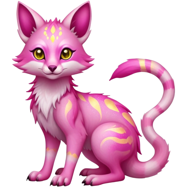Exotic pastel pink romantic blush light cute lush warm-colored celestial spiritual Fakémon-Fionbri-Vernid-Sergal-Genet-creature with magenta markings and yellow sparkly shiny shine aura (full body) emoji