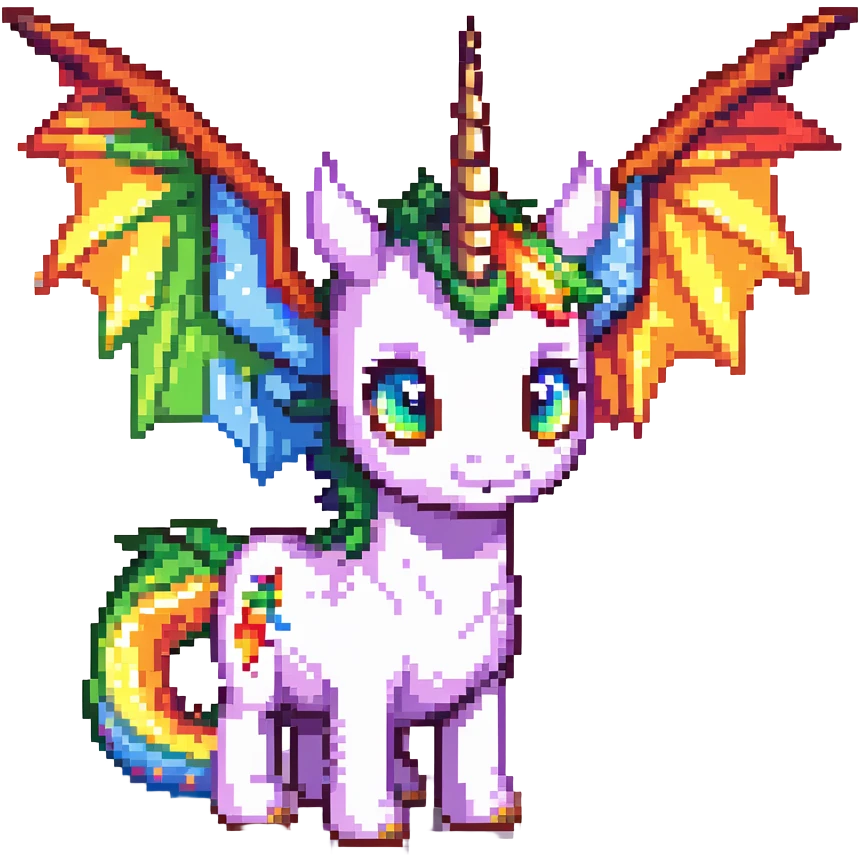 dragon with big eyes, large rainbow wings, and a unicorn horn emoji