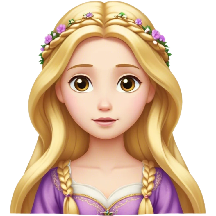 Cinematic Serene Rapunzel Portrait Emoji, rendered in a simplified vector style. Depict a gentle Rapunzel (chest and above) with delicate porcelain skin and long, shimmering golden hair, her expression calm and reflective, dressed in her traditional attire. The image is imbued with a soft, luminous glow and a subtle glowing outline. emoji
