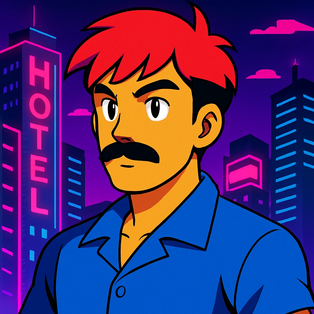 Add a neon city background, keep the 90's anime style and all original colors and lighting emoji