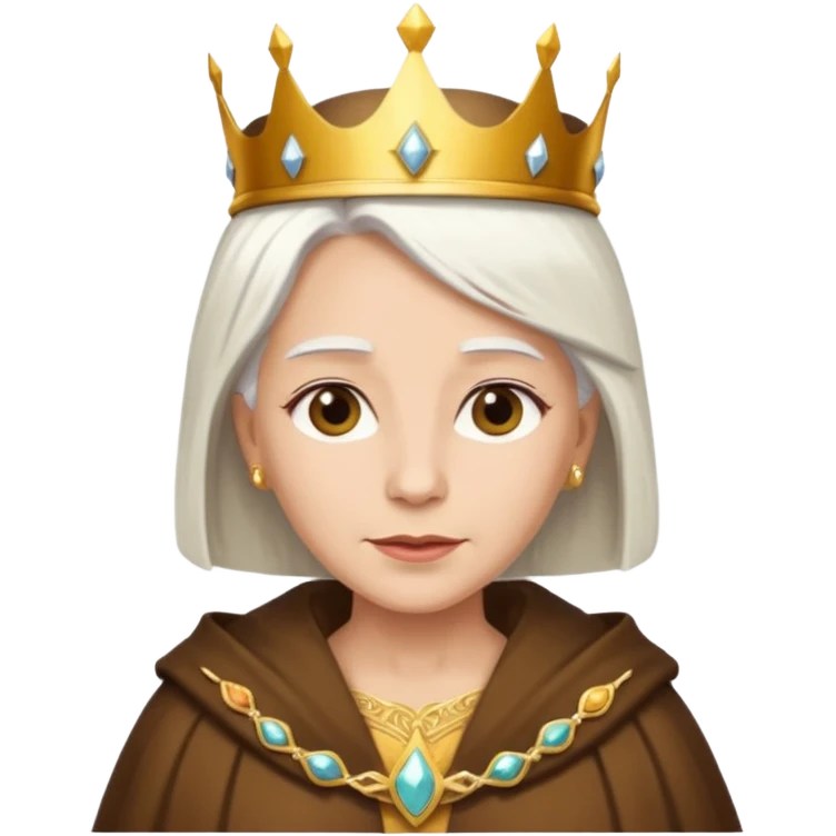Queen with straight white hair – golden crown, brown robe emoji