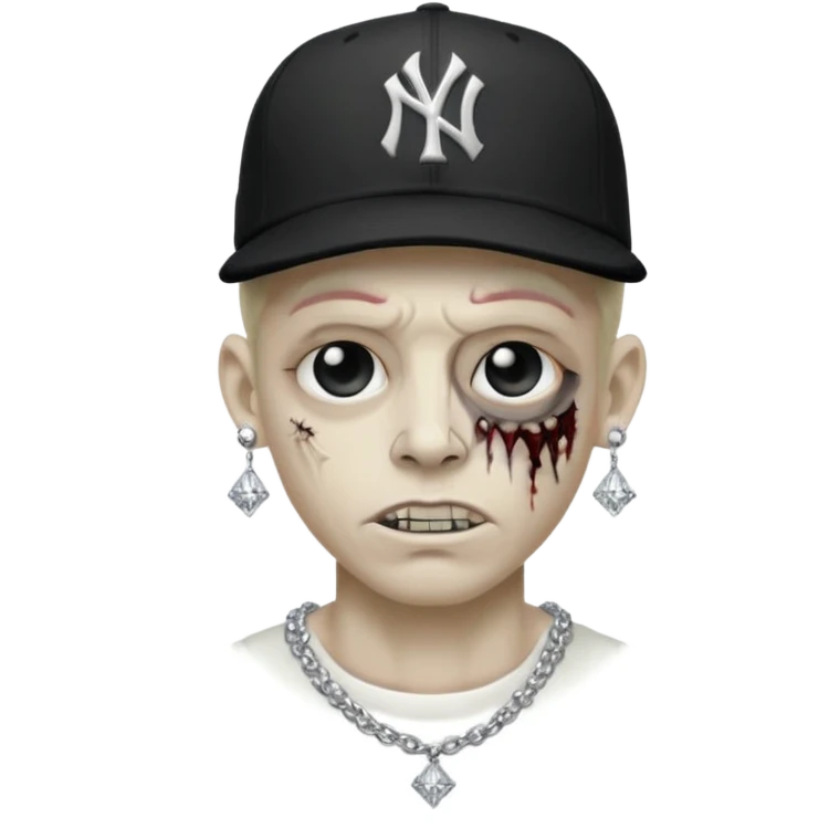 Zombie con aretes con una gorra new York yankee y una cadena de diamante hombre aretes pequeños y de negro y blanco  emoji