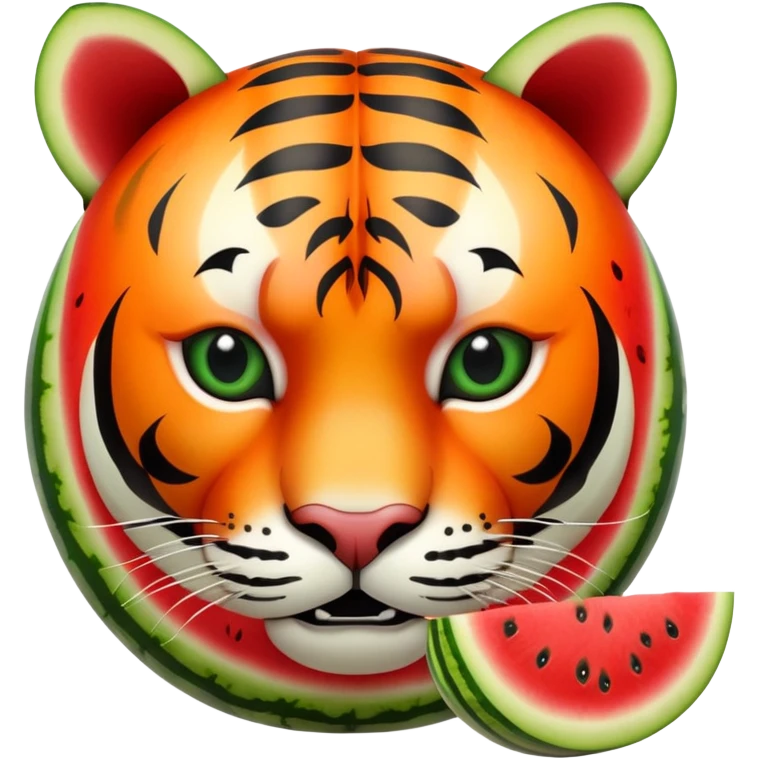Cartoon watermelon with tiger face where the red flesh is visible, tiger stripes blending with watermelon pattern emoji