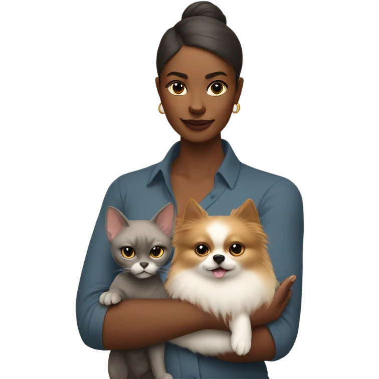 Woman in the right arm is holding a sphinx grey cat and in the left arm holding a Pomeranian dog emoji