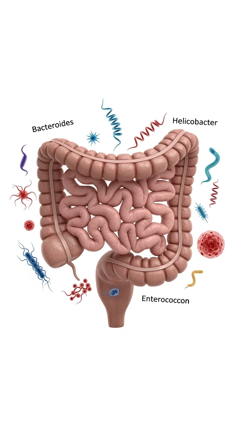 intestino umano anatomico con qualche batterio intestinale che gli fluttua intorno, ISOLATO SU SFONDO BIANCO emoji