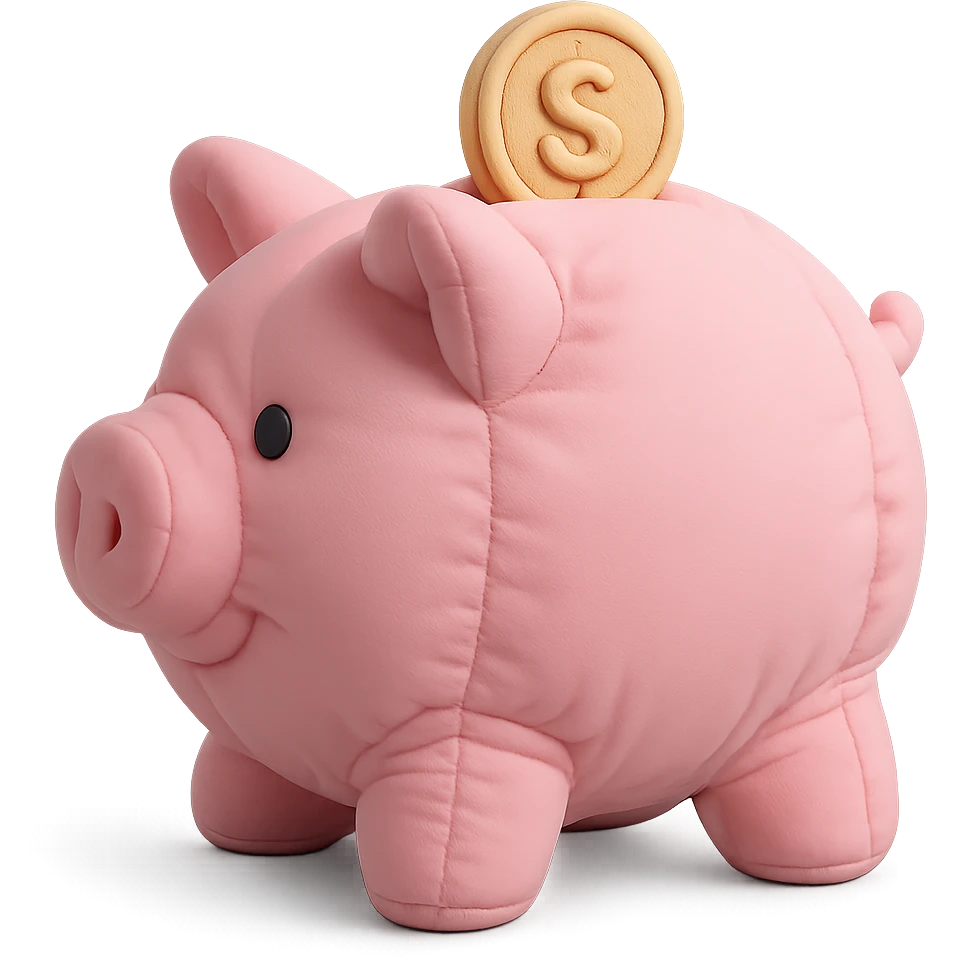Side profile view of a pink piggy bank with a coin, 3d cartoon style, soft look, no background, plushy cushion texture, soft shading and lighting. emoji