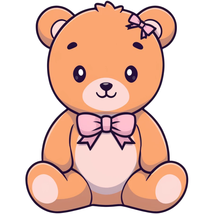 Stuffed teddy bear with light pink ribbon tied in a bow around its neck emoji