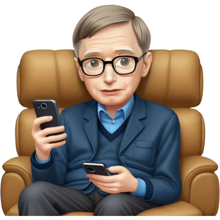Stephen Hawking with glasses sitting on a couch playing a mobile phone game emoji