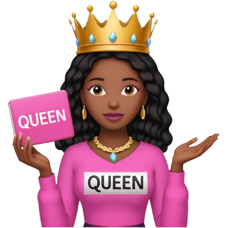 Crear una reina morena clara con ropa rosa sosteniendo la palabra Queen en sus manos emoji